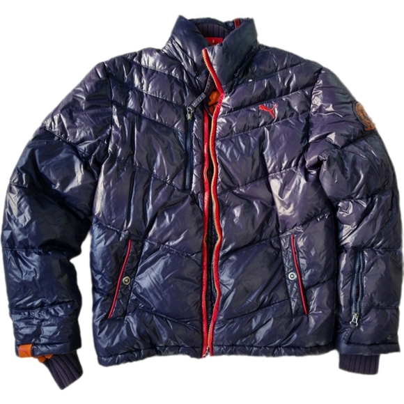 PUMA Super Thick Puffer Blue Red Multi-Pocket High Collar Zip Jacket - Picture 1 of 12